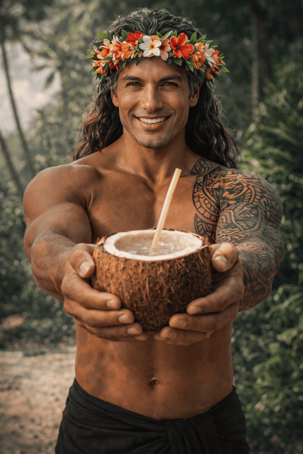 tahitien qui tend un coco à boire